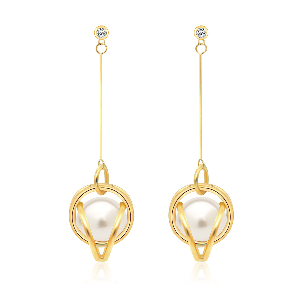 A pair of Gold-toned Swirled Filigree Pearl Earrings, showcasing the intricate gold metalwork, central pearl, and sparkling cubic zirconia stones.