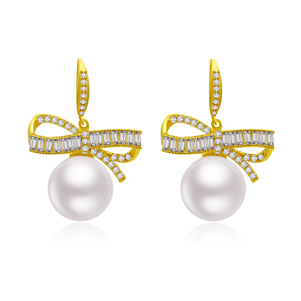 Front view of the CZ Ribbon 12MM Pearl Earrings, showcasing the gold-plated bow design embellished with brilliant cubic zirconia and a large, smooth 12mm glass pearl.