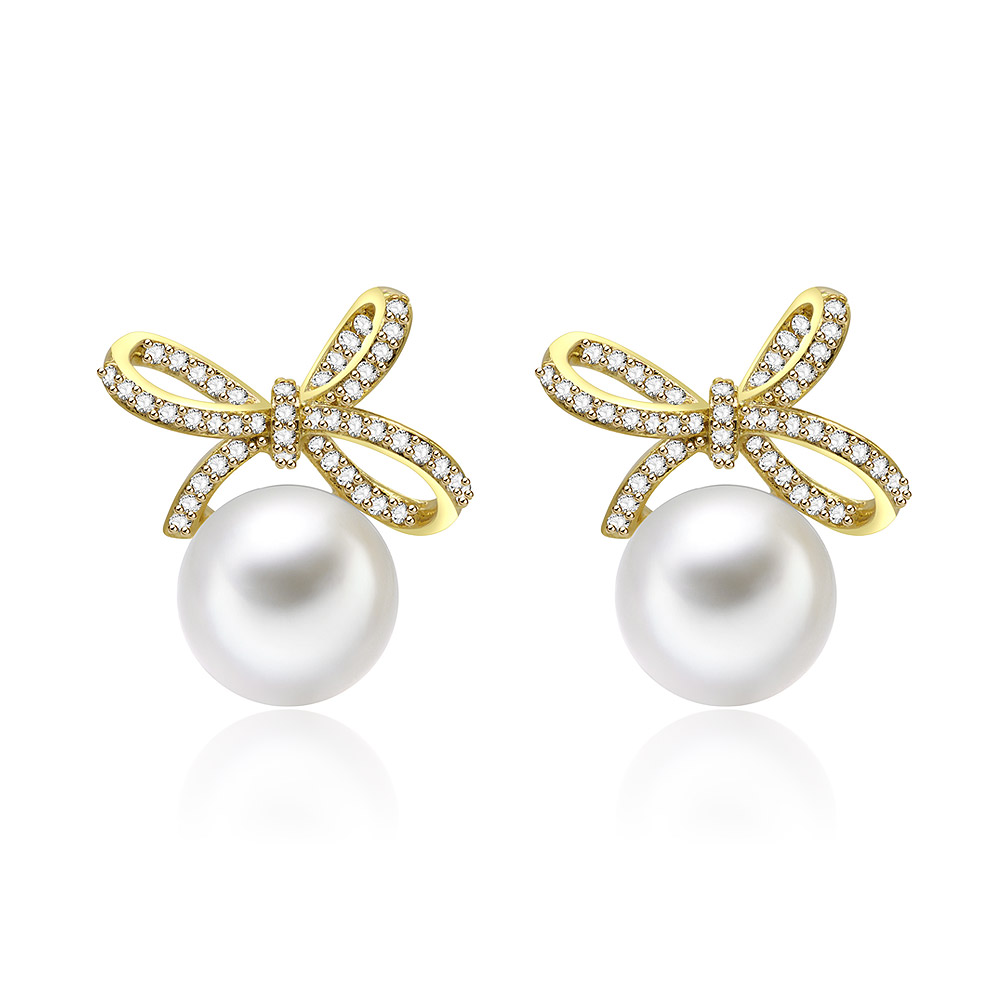 Pearly Gold Bow Drops Stud Earrings featuring white pearls with elegant gold and cubic zirconia bow tops.