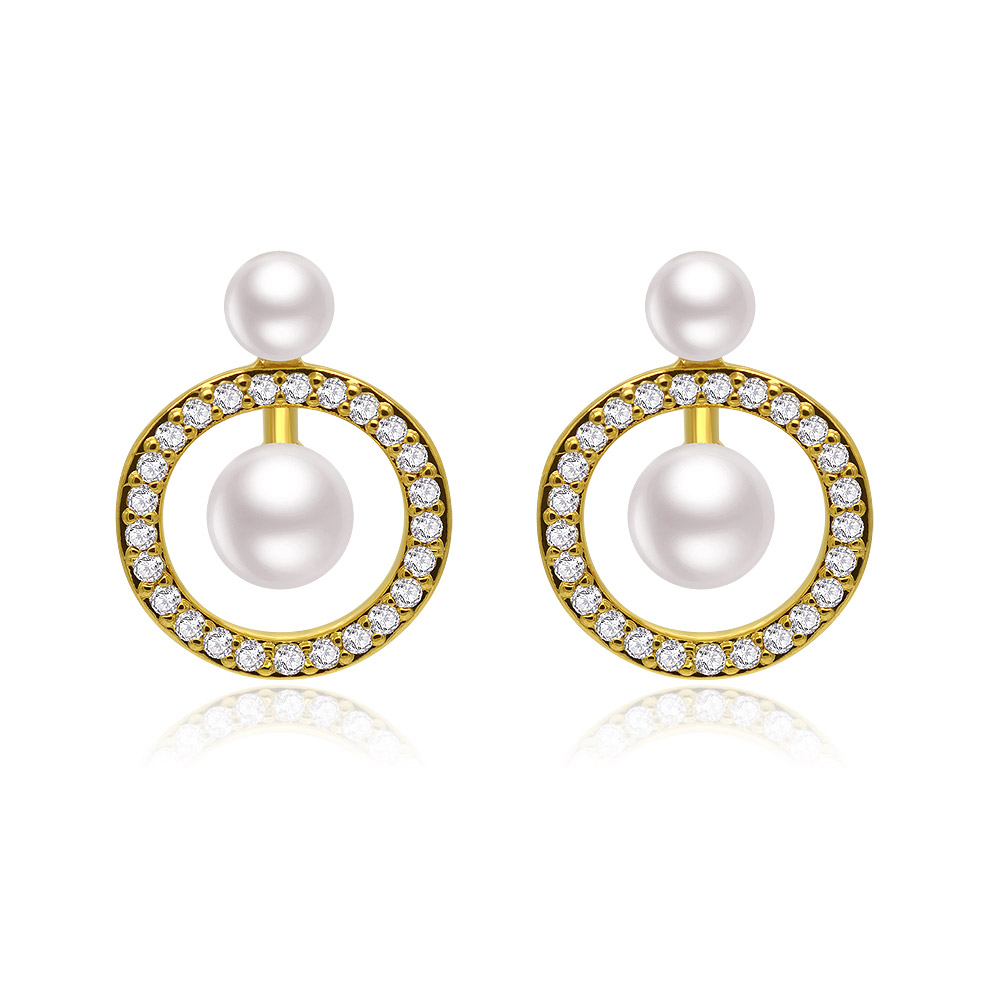 A pair of Bar Pearl Circle Studs with gold plating, showcasing a circular design with white pearls and sparkling cubic zirconia accents on a white background.