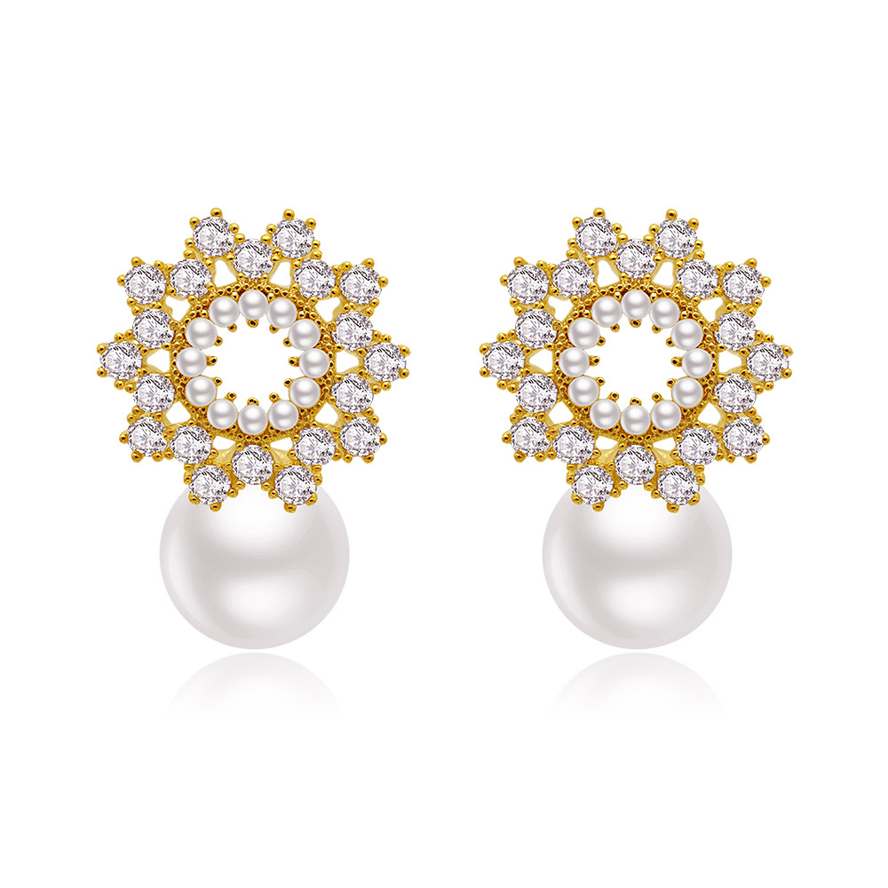 A pair of Flower 10MM Pearl Earrings with a gold-plated finish, featuring a floral design with pink cubic zirconia and a large white pearl.