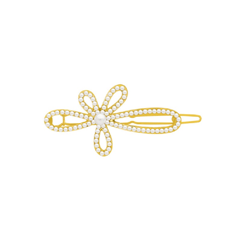 A close-up of the Pearl Flower Hair Pin, showing its intricate gold-plated floral design adorned with lustrous white pearls.