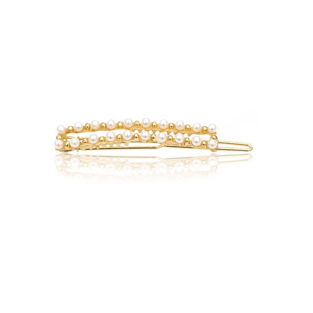 Close-up of a Double Row Pearl Bobby Pin with gold plating, showcasing the detailed simulated pearl arrangement.