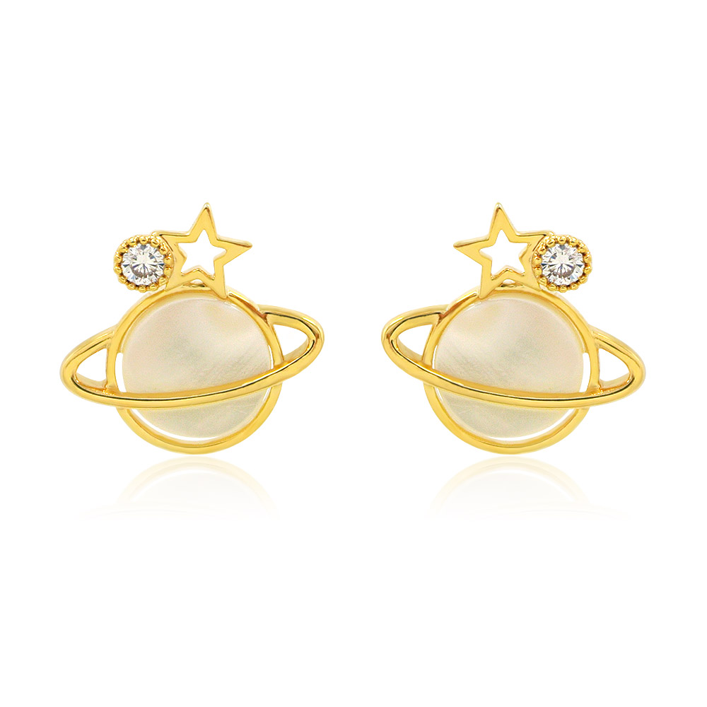 A pair of gold-plated Star Planet Shell Post Earrings, featuring a celestial design with a ringed planet, a star, and a white gemstone on a white background.