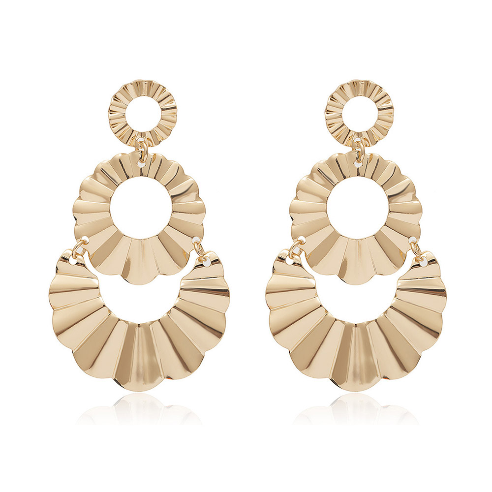 A pair of Round Statement Long Earrings (JRE-006) featuring a handcrafted, gold-plated design with pleated, interconnected components on a white background.