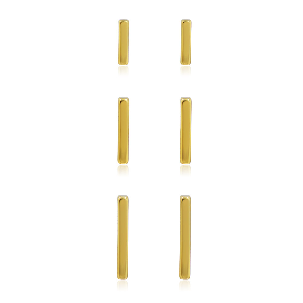 A set of three gold mini bar stud earrings in small, medium, and large sizes, displayed on a white background.