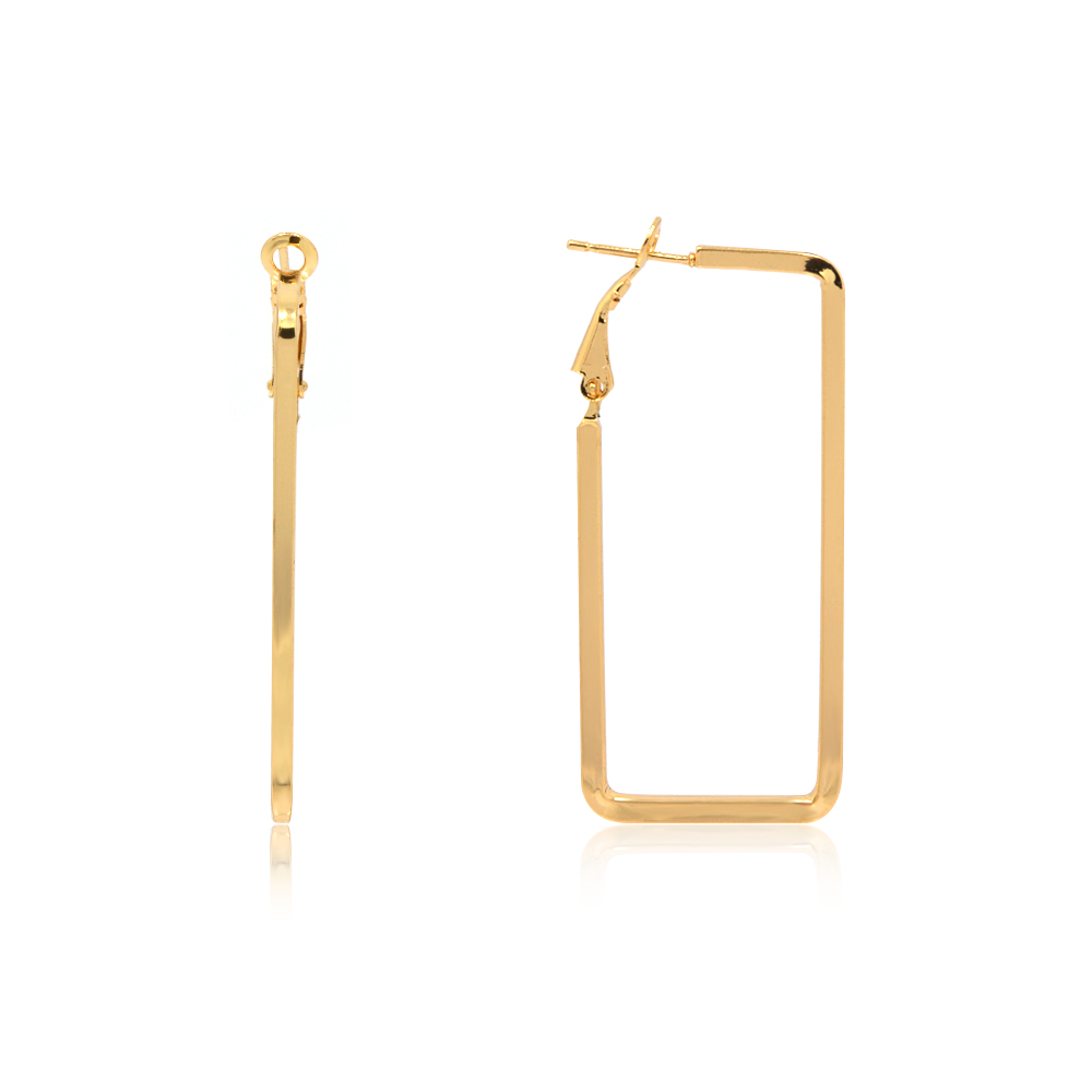A pair of Gold Finish Rectangle Hoop Earrings with a shiny, polished surface, showcasing their unique geometric design.