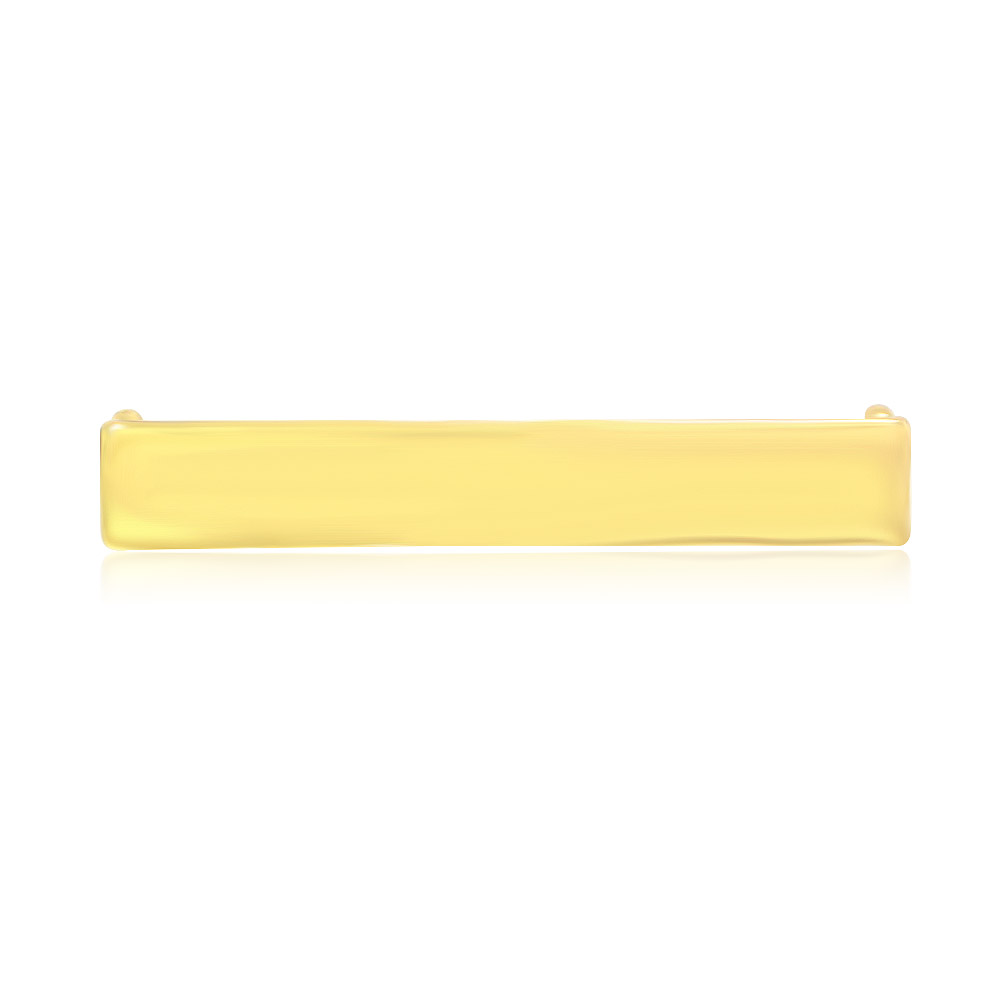 A sleek, gold-plated rectangular brass shoelace charm on a clean white background, showcasing its polished finish.