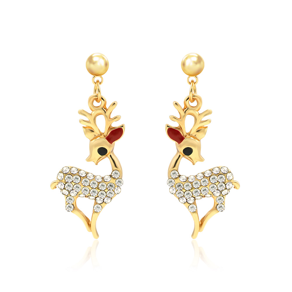 A pair of festive Christmas Rudolph reindeer ear studs, crafted from gold-plated brass and adorned with sparkling white Czech crystals.