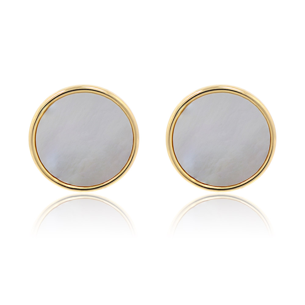 A pair of Gold Plated Round Disc Shell Studs with white seashell inlays, shown on a clean white background.