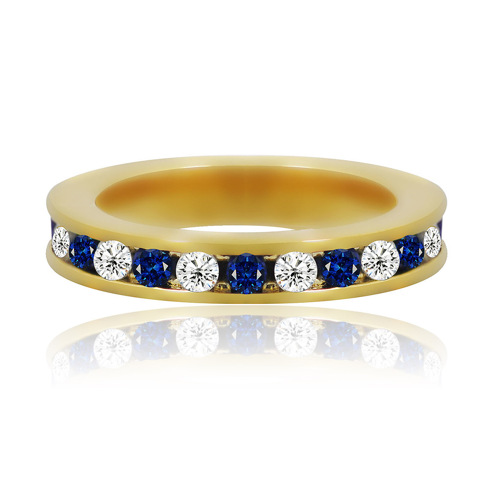 Close-up of the Black N White Eternity Ring, showcasing the alternating black and white cubic zirconia stones set in a gold-plated brass band.