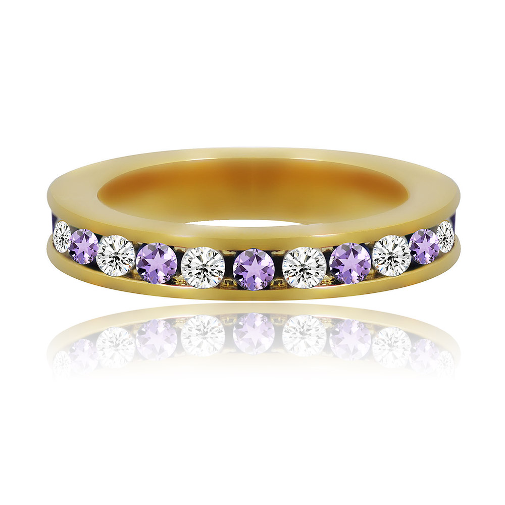 Close-up of the Purple N White Eternity Ring, showcasing the alternating clear and light amethyst cubic zirconia stones on a gold-plated brass band.