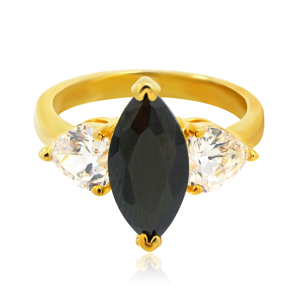 Close-up of the Marquise Black White Heart Gold Ring, showcasing the central black marquise-cut and side white heart-shaped cubic zirconia stones on a polished gold band.