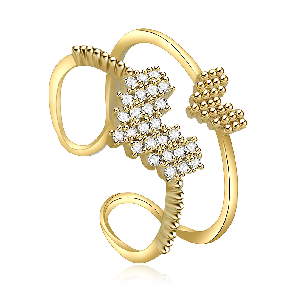A detailed view of the Gold Double Heart Ring, highlighting its intricate intertwined design and brilliant cubic zirconia stones on a polished gold-plated band.