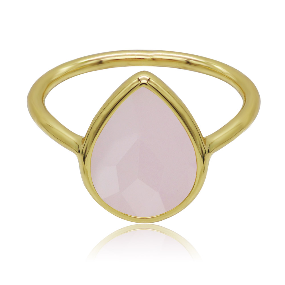 Front view of the Rose Quartz Pear Shaped Ring, showcasing the teardrop-shaped pale pink gemstone set in a polished gold-plated brass band.