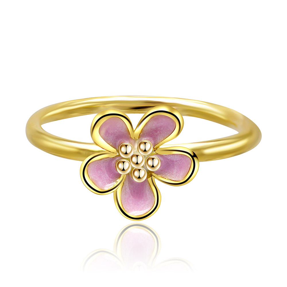 Pinky Cherry Bloom Gold Plated Ring featuring a delicate pink enamel flower centerpiece on a 925 sterling silver band.