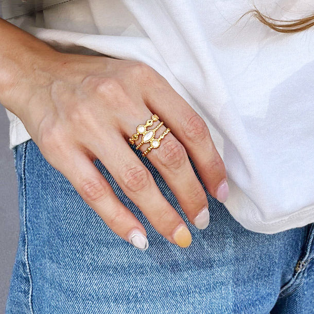 A model's hand showcasing the elegant stainless steel gold three-layered multi-stone open finger ring set.