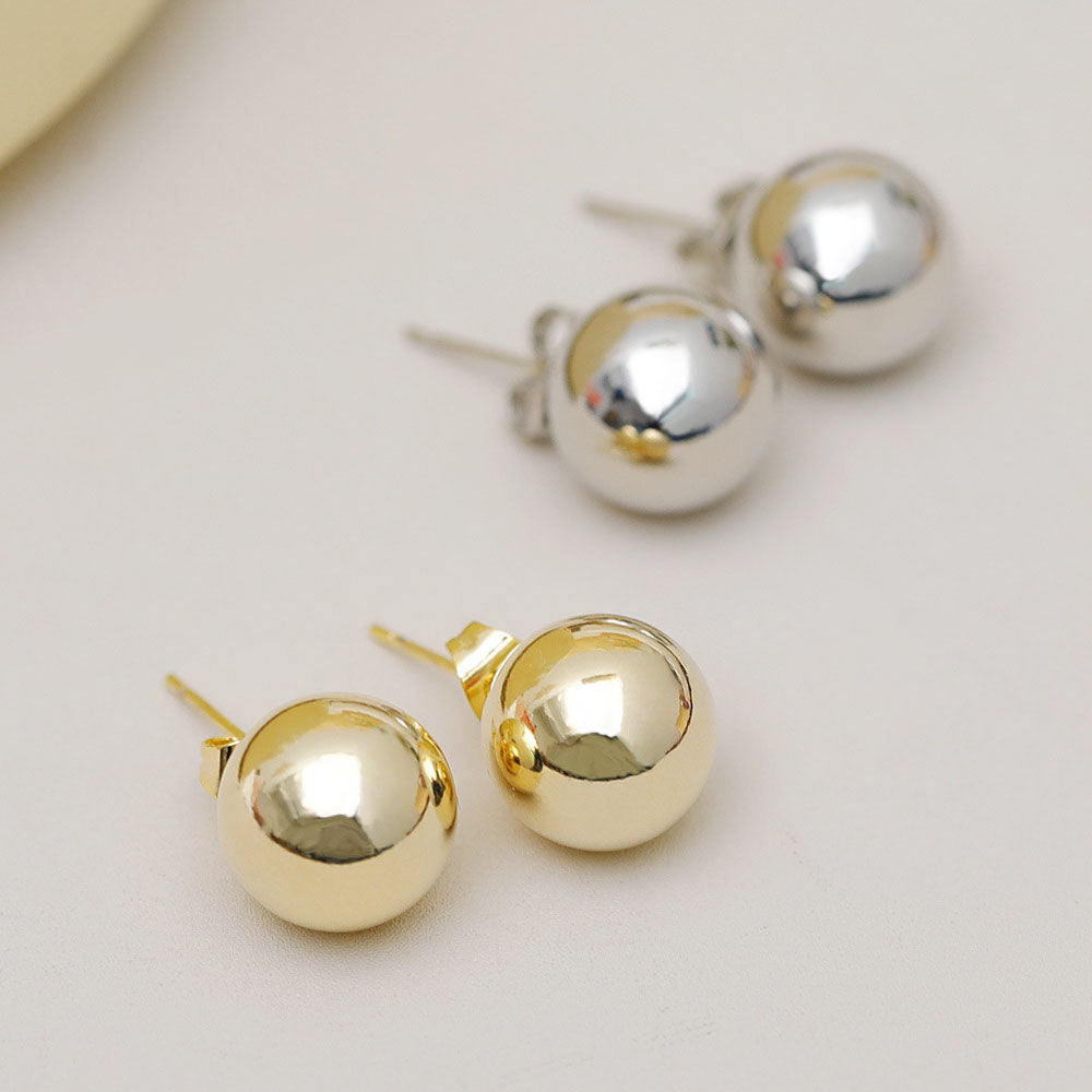 A pair of gold and a pair of silver French style 12mm ball stud earrings displayed on a clean white background.