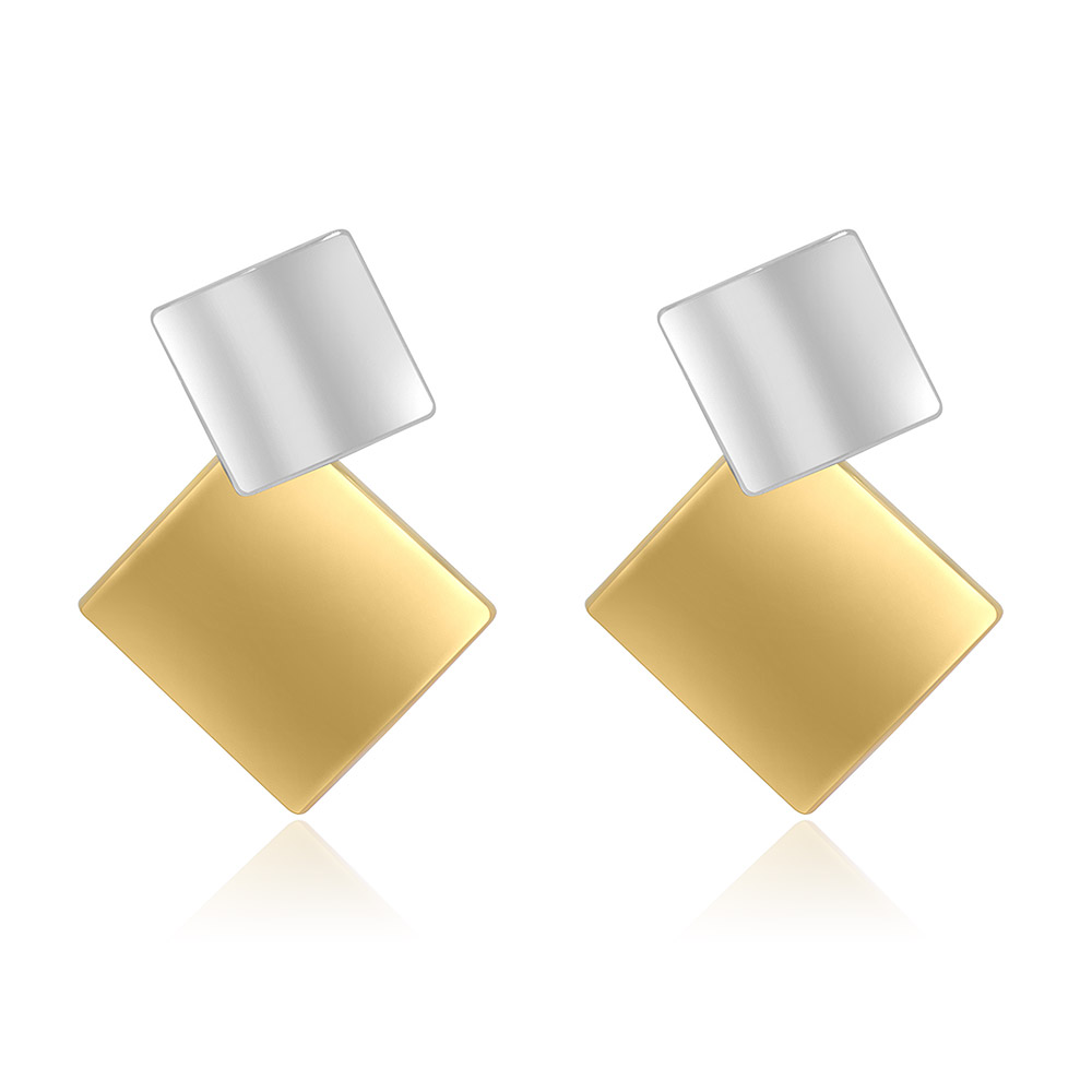 A pair of modern two-tone geometric double square earrings, showcasing a stylish combination of gold and silver finishes on a white background.