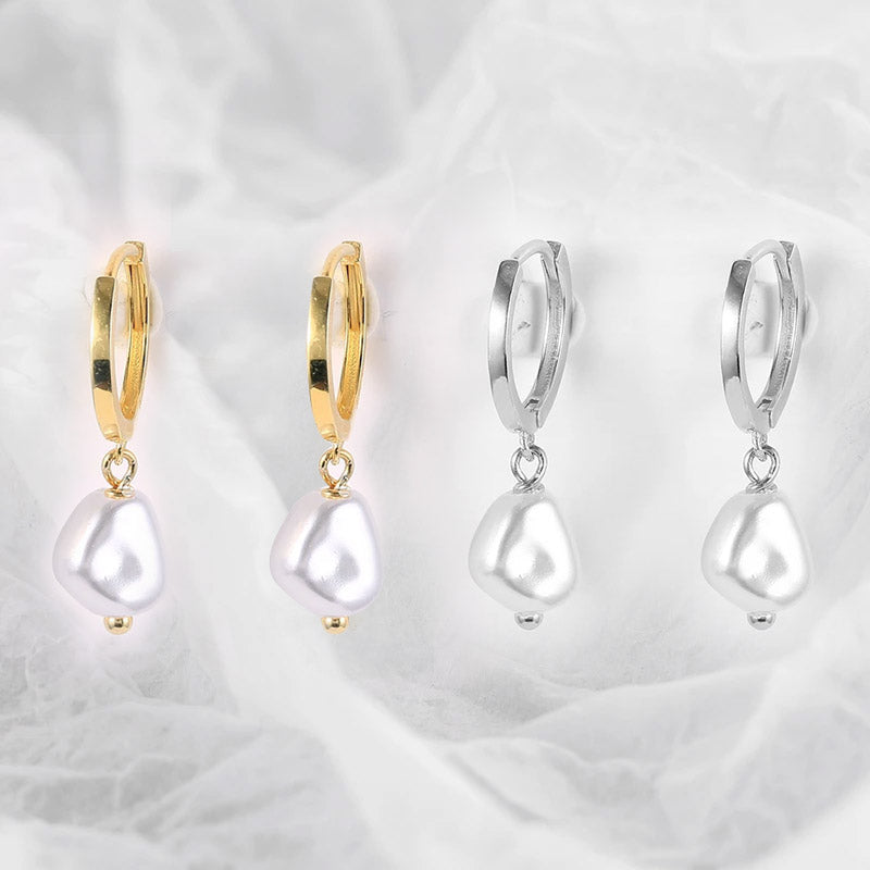 Studio shot of 925 sterling silver baroque pearl hoop dangle earrings, showing two pairs in gold and two pairs in silver finish against a white background.