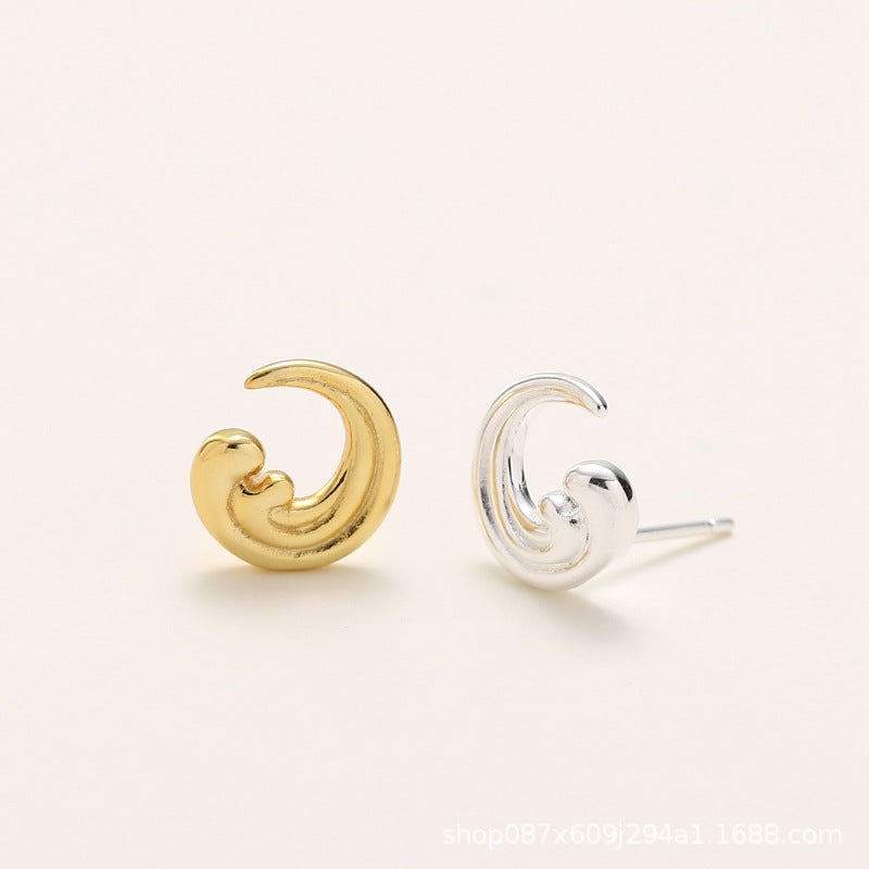 A pair of 925 sterling silver ocean wave stud earrings, showcasing both gold and silver plating options against a clean white background.