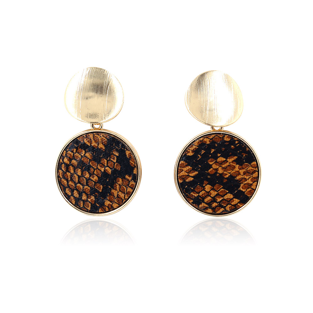 A pair of stylish Snakeskin PU Leather Drop Earrings (JRE-013) featuring gold-plated brass hardware and circular faux snakeskin pendants.