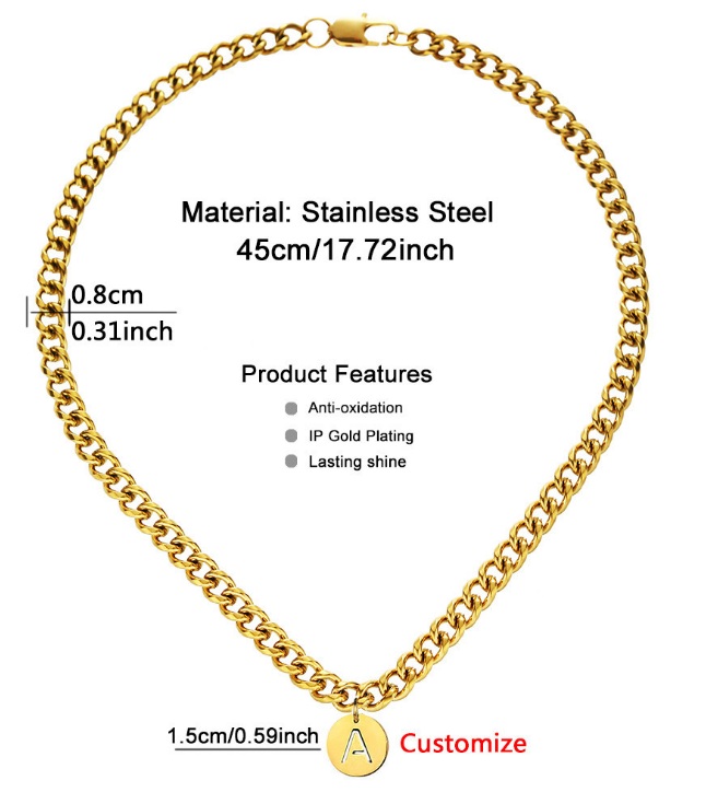 Custom Made Letter 'A' Gold Plated Necklace in stainless steel, showcasing its lasting shine and detailed pendant.