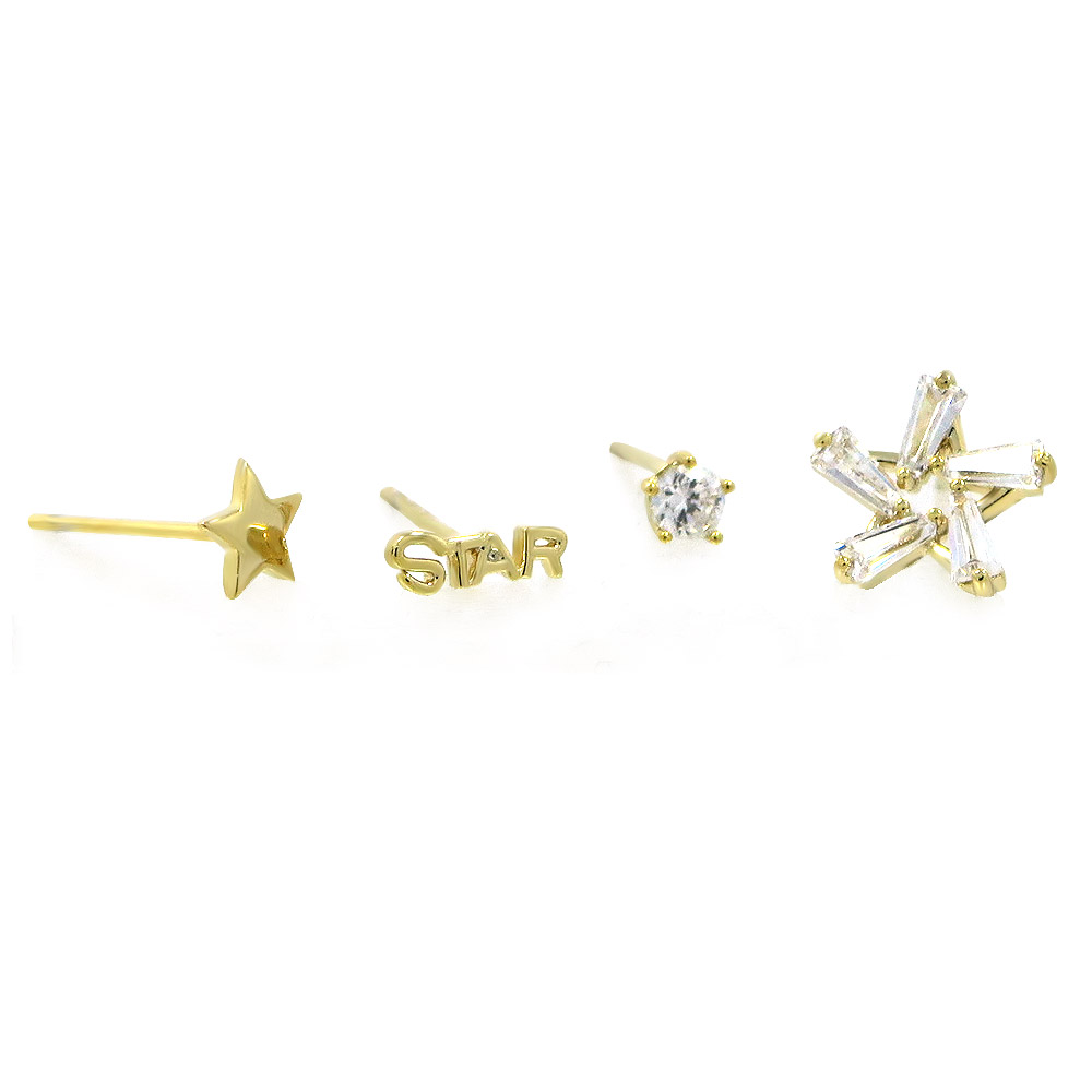 A collection of three pairs of small star stud earrings in gold plating, featuring various star designs with cubic zirconia accents. Wholesale jewelry by JR Fashion Accessories.