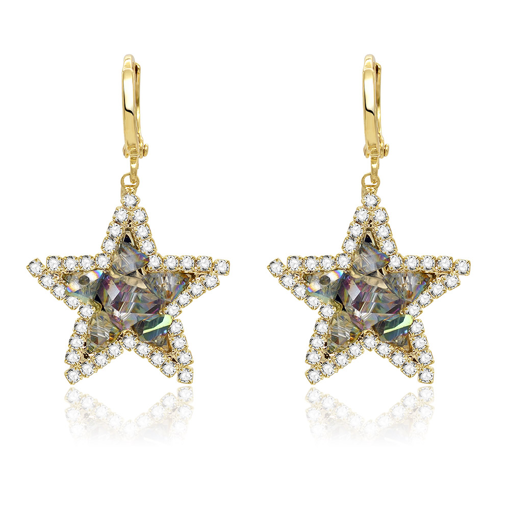 A pair of Drop Dazzle Star Earrings in gold-plated brass, showcasing the intricate star shape and sparkling white and rainbow cubic zirconia stones on a clean white background.