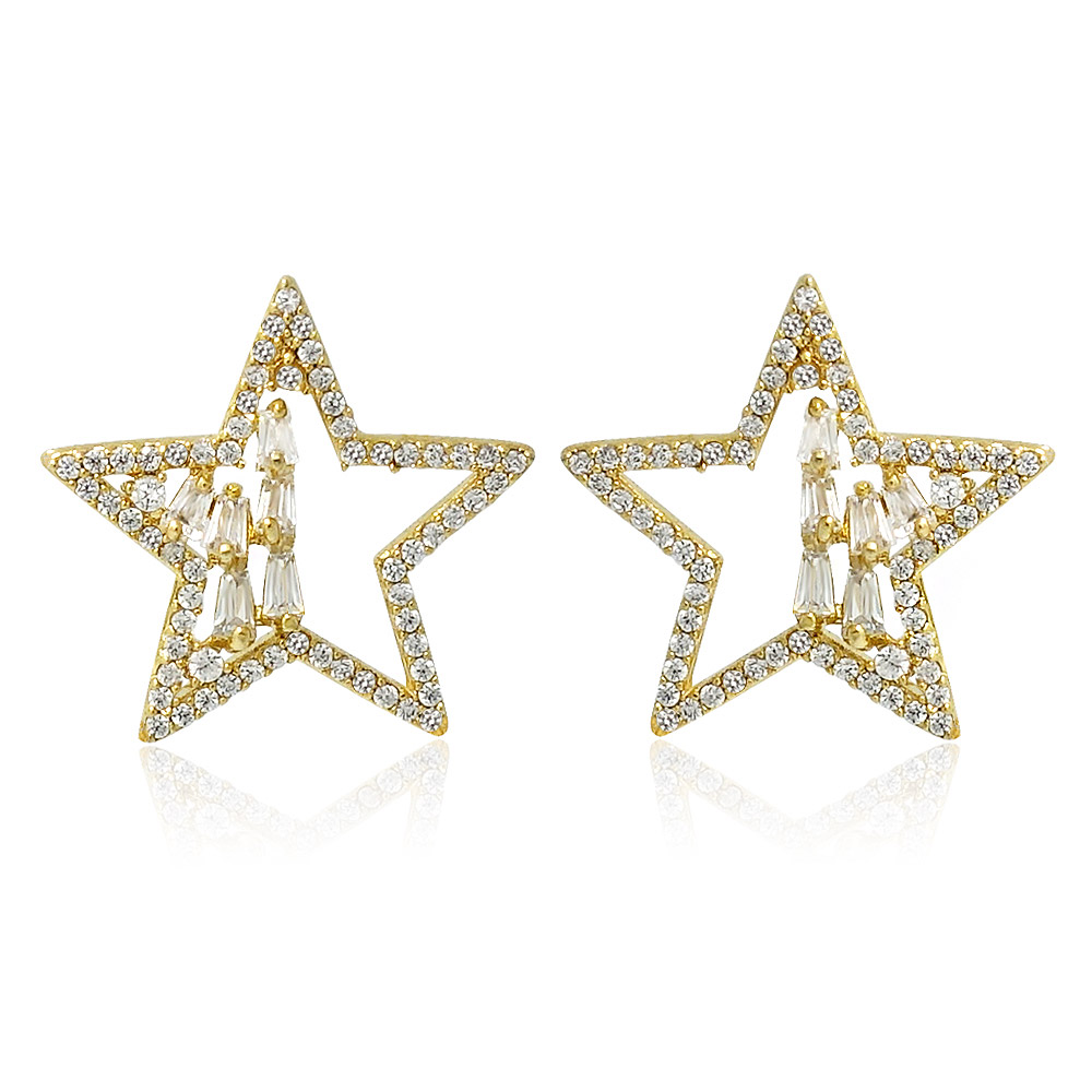 A pair of Star Stud Earrings with Sparkly Cubic Zirconia, featuring a gold-plated star design with clear crystals.