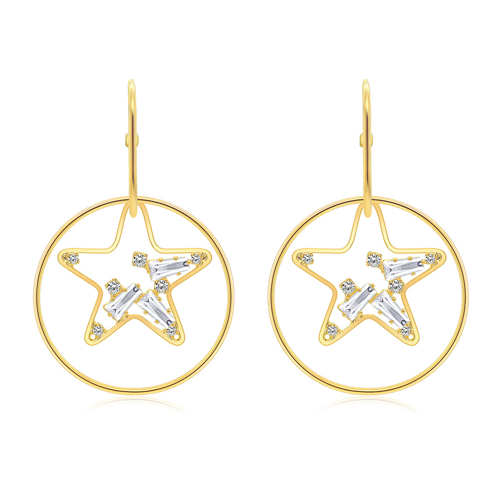 A pair of Bright Star In Circle Hook Earrings, featuring a gold-plated finish with a starburst design and sparkling white cubic zirconia stones, on a white background.