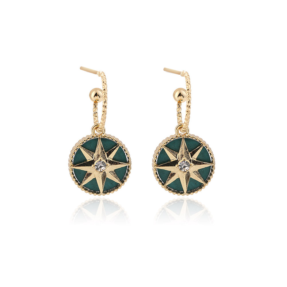 A close-up of the Palace Green Vintage Art Deco Earrings, showcasing the gold-plated star design with vibrant green resin inlay and a central gemstone.