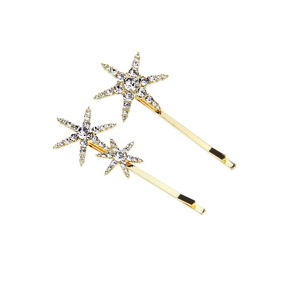A pair of elegant gold-plated Crystal Starfish Hair Bobby Pins, each adorned with sparkling crystal embellishments, displayed on a clean white background.