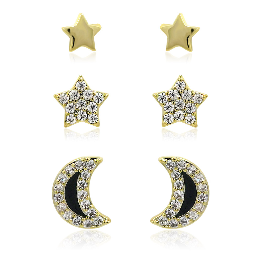 A 3-in-1 set of gold-plated stud earrings featuring two star designs (one polished, one with CZ stones) and a crescent moon design with CZ stones, displayed on a white background.
