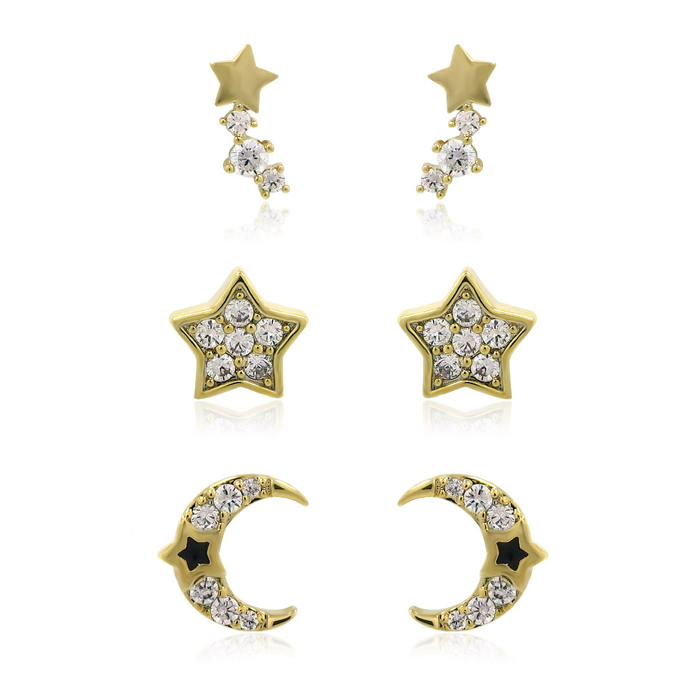 A set of three gold-plated stud earrings with star and moon designs, featuring sparkling cubic zirconia stones, displayed on a white background.