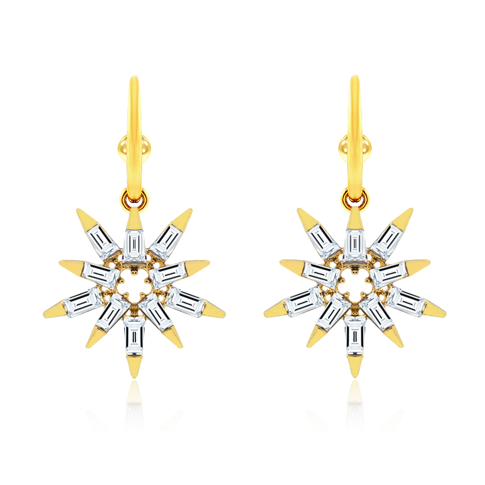 A pair of Clear Crystal Hoop Earrings with a gold-plated starburst design, featuring brilliant Czech glass crystals on a white background.
