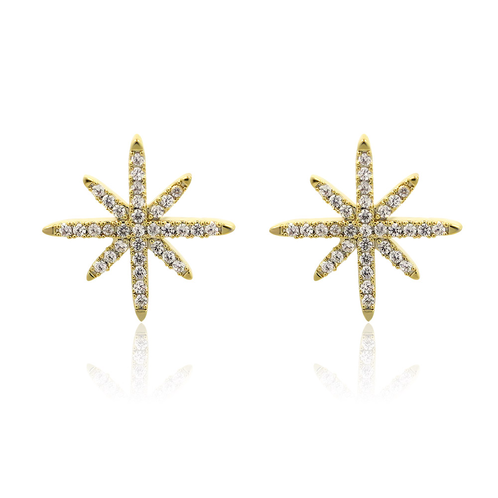 A pair of gold Starburst Stud Earrings with sparkling cubic zirconia stones, showcasing their intricate design and gold plating.