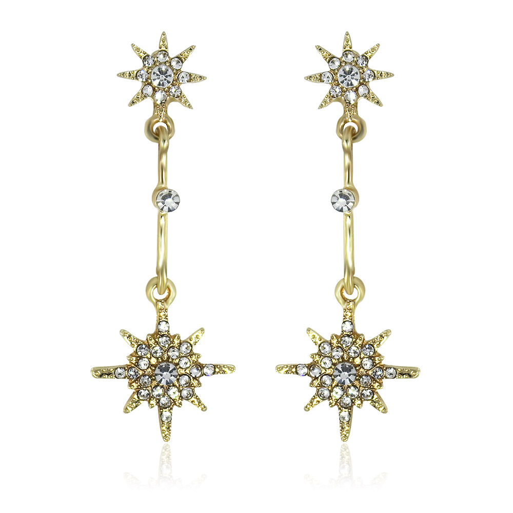 A pair of Long Gold Crystal Starburst Earrings with sparkling clear gemstones, showcasing the intricate starburst design against a white background.