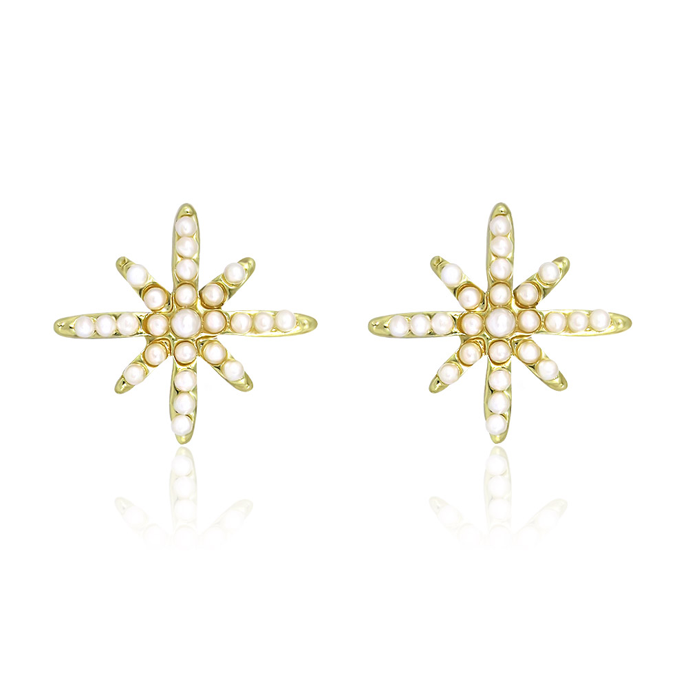 A pair of Star Pearl Earrings (BEC01-G-P-00480) featuring a gold-plated brass starburst design, each intricately detailed with small and large white pearls.