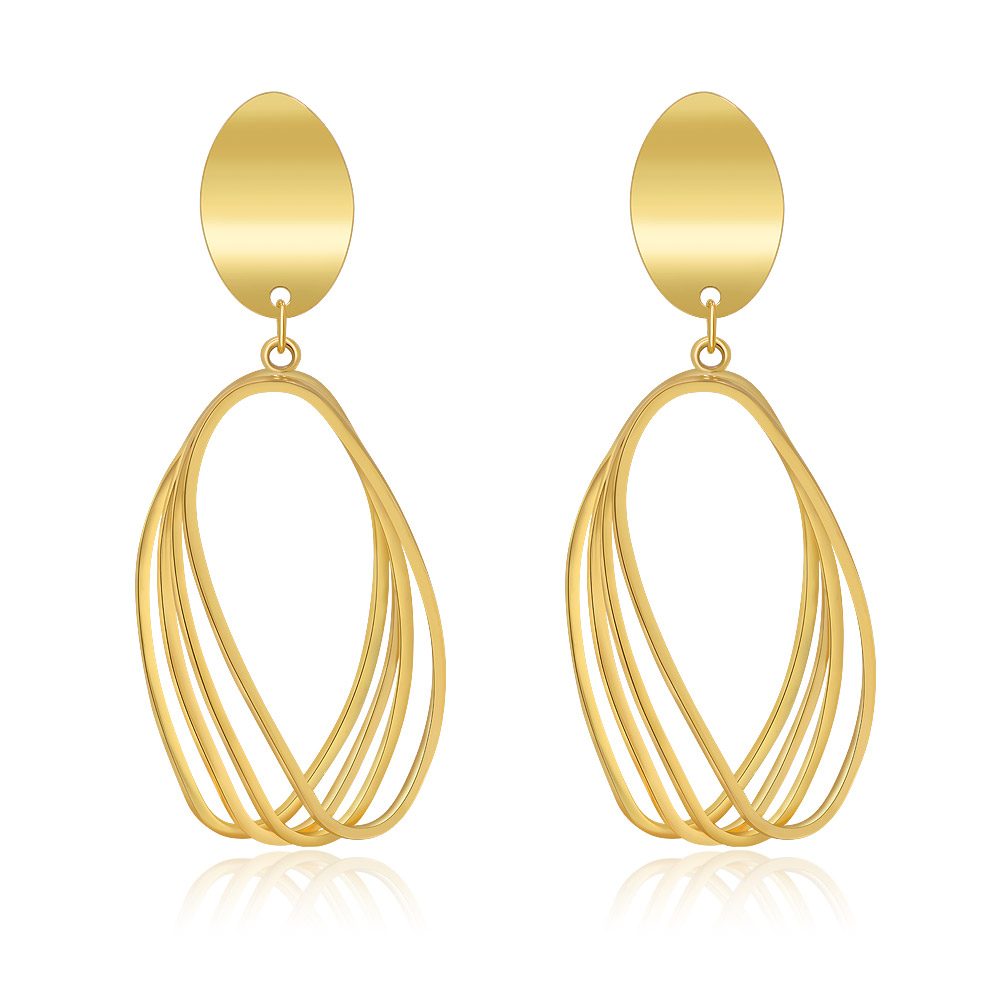 Fashionable women's openwork oval earrings in a shiny gold finish, featuring a lightweight teardrop design.