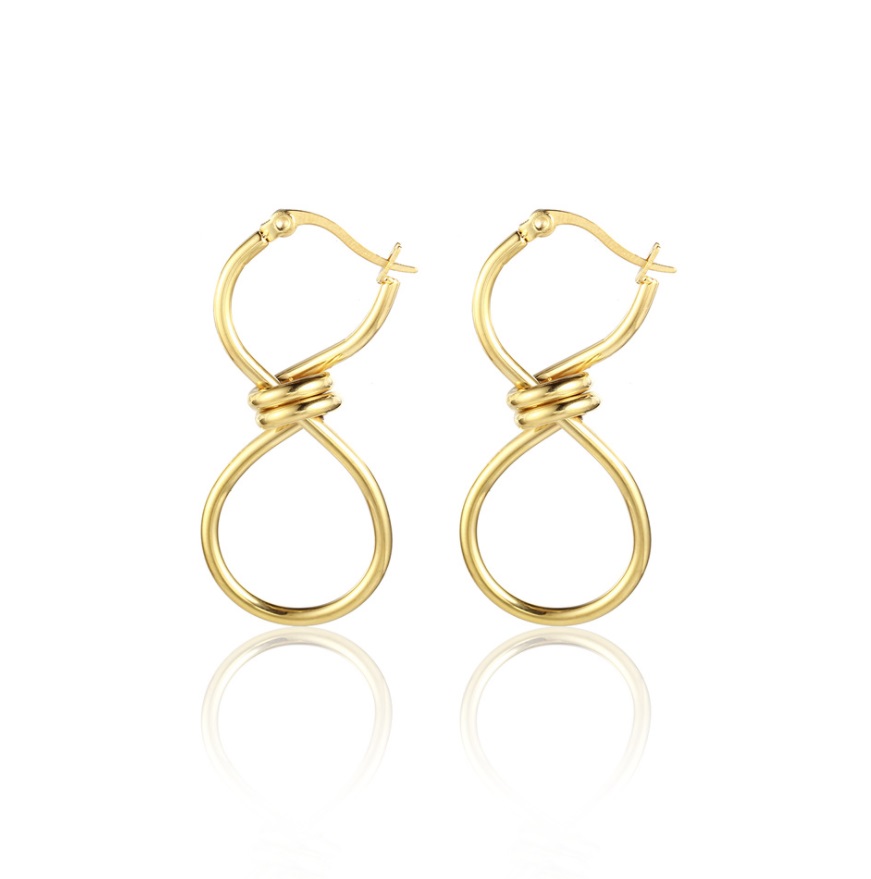 Infinity Stainless Steel Earrings (JRE-122) in a polished gold finish, featuring a teardrop shape with an elegant infinity symbol design.