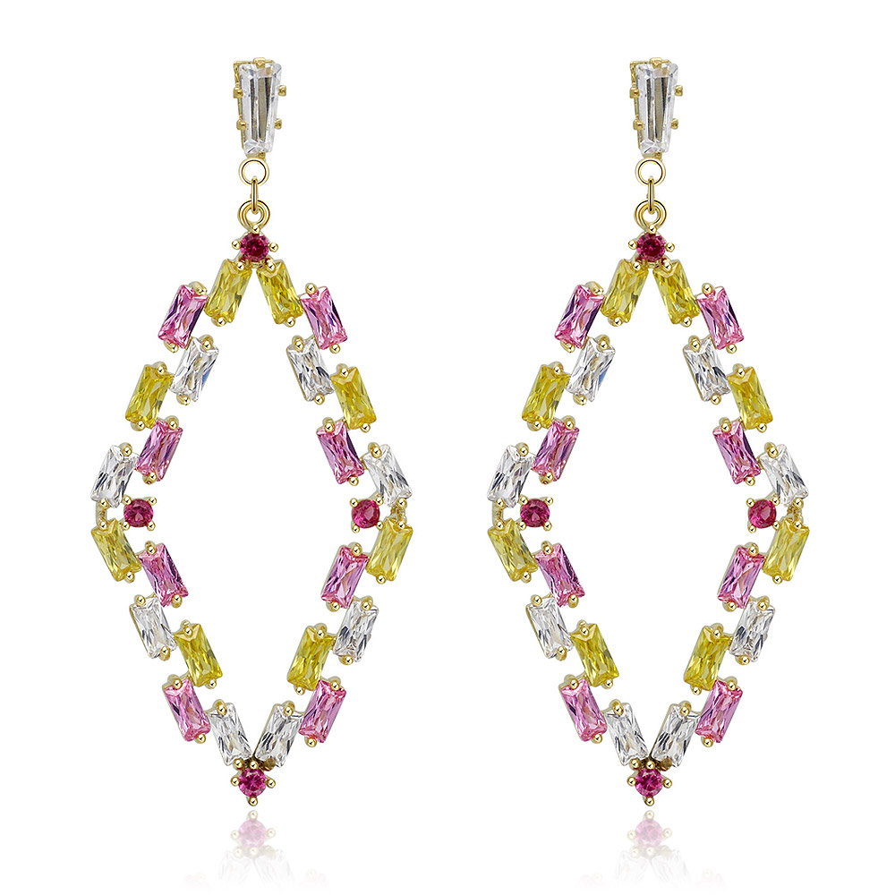 A close-up of the Fashion Tapper Multi-Color CZ Drop Earrings, showcasing the gold-plated teardrop design with a mix of clear, pink, and yellow cubic zirconia gemstones.