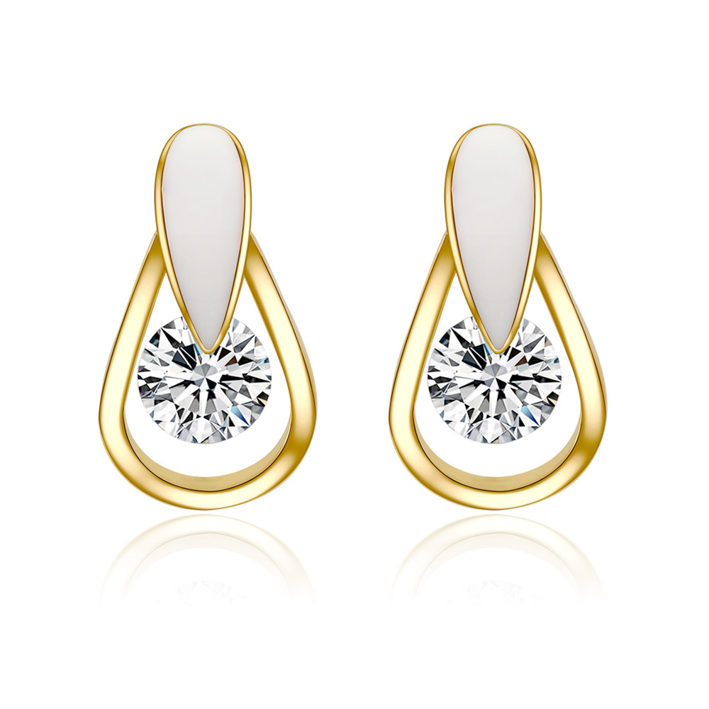 A pair of White Epoxy Single CZ Drop Earrings, featuring gold plating, white enamel details, and sparkling cubic zirconia stones.