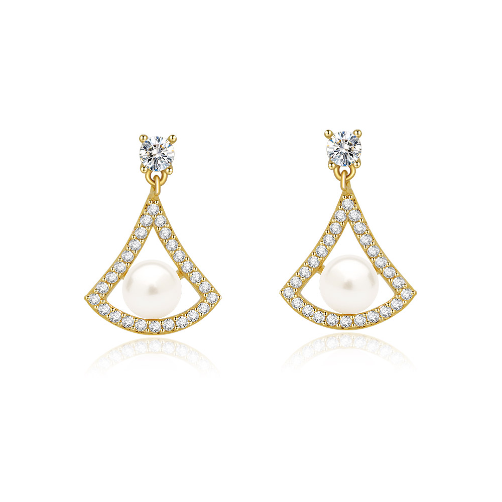 A close-up view of the Halo Fan 5mm Pearl Drop Earrings, showcasing the gold-plated fan-shaped design with a central white shell pearl and sparkling cubic zirconia accents.