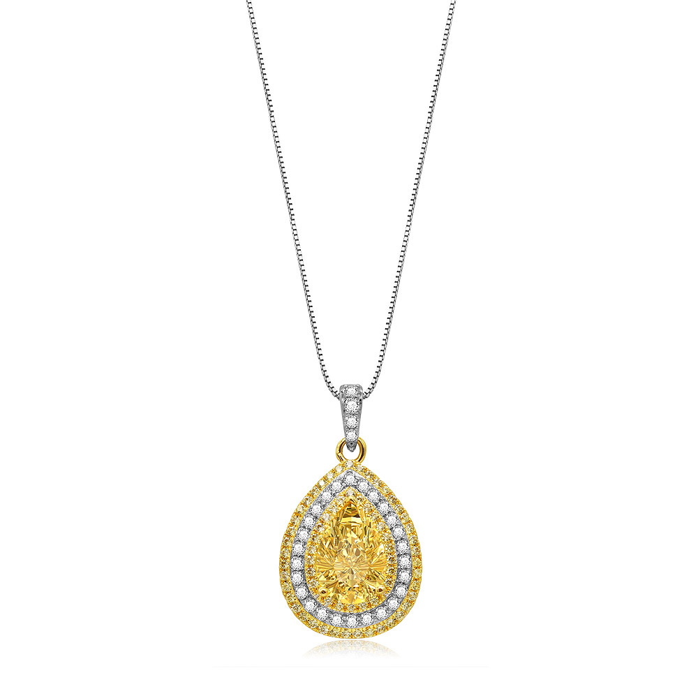 Enticing Bright Yellow Drop Shape Gemstone Necklace featuring a teardrop pendant with a large central yellow cubic zirconia surrounded by smaller white stones.