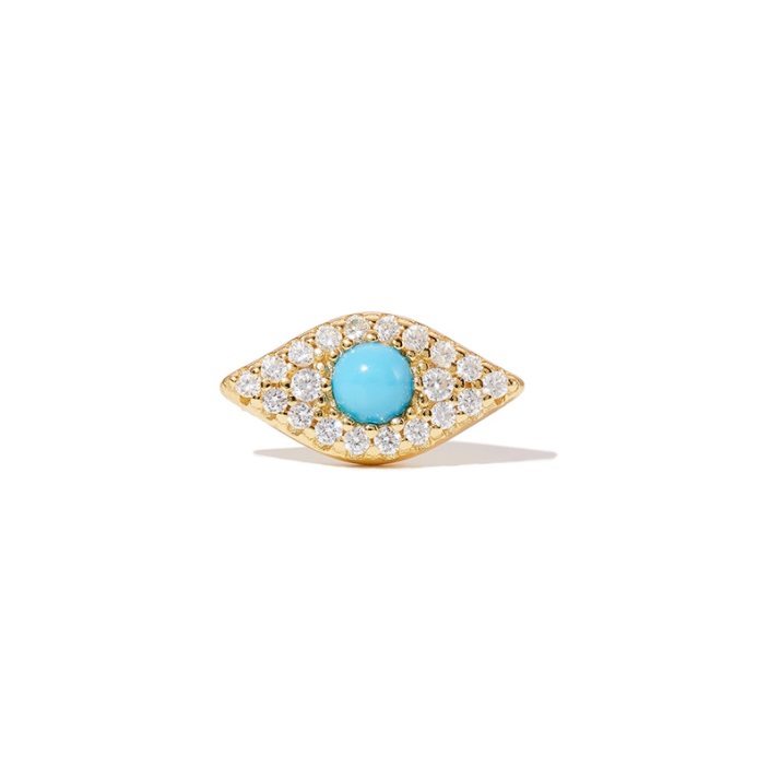 A detailed close-up of the Turquoise Evil Eye Stud Earring, showcasing the vibrant central turquoise stone surrounded by sparkling cubic zirconia, set in a gold-plated brass finish.