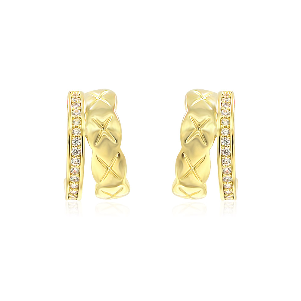 A close-up of the Yellow Gold Plated Hoop Post Earrings, showcasing the twisted design and sparkling cubic zirconia accents.