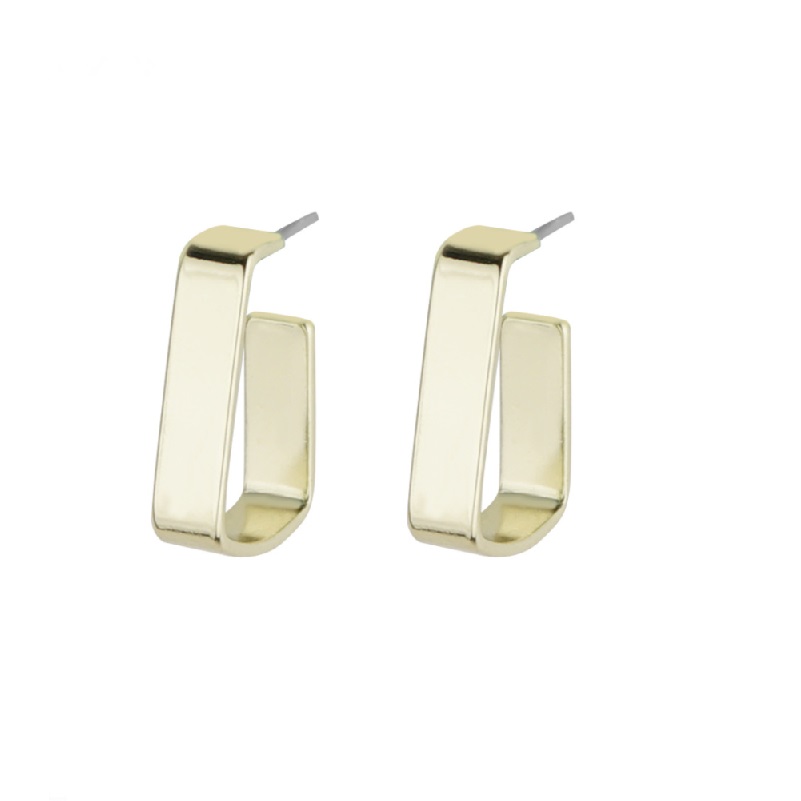A pair of gold U-shaped Wide Square Hoop Earrings (JRE-118) with secure metal posts, shown against a white background.