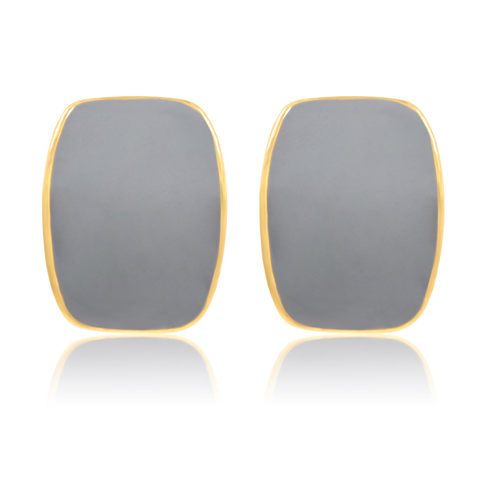 A pair of Enamel Cubic Square Elegant Grey Studs with gold plating, shown on a white background.