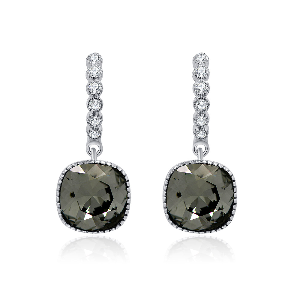 A close-up view of the S925 Huggie Hoop Drop Earrings, showcasing the large black square diamond crystal surrounded by a halo of smaller clear crystals.